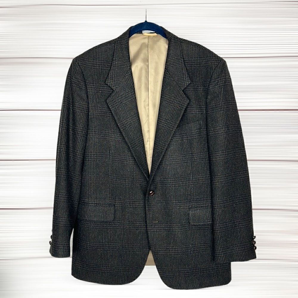 Vintage Oleg Cassini Wool Glen Check Dark Brown Black Sport Coat Blazer 42R